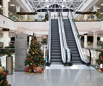 An office decorated for Christmas.