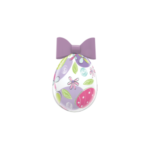 A photograph of a decorative Easter Egg with a Purple Bow on the top and colourful drawings as part of the design.