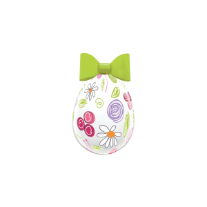 A photograph of a decorative Easter Egg with a Green Bow on the top and colourful drawings as part of the design.