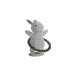 A photograph of our very own Easter Bunny display product. The bunny has a green garland hoop wrapped around its wasist filled with twinkling lights and babubles to simulate easter eggs.